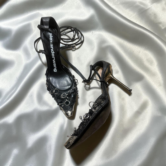 Alexander Wang Selena Pierced Mesh Lace Embroidered D'orsay Pump - EU 37.5